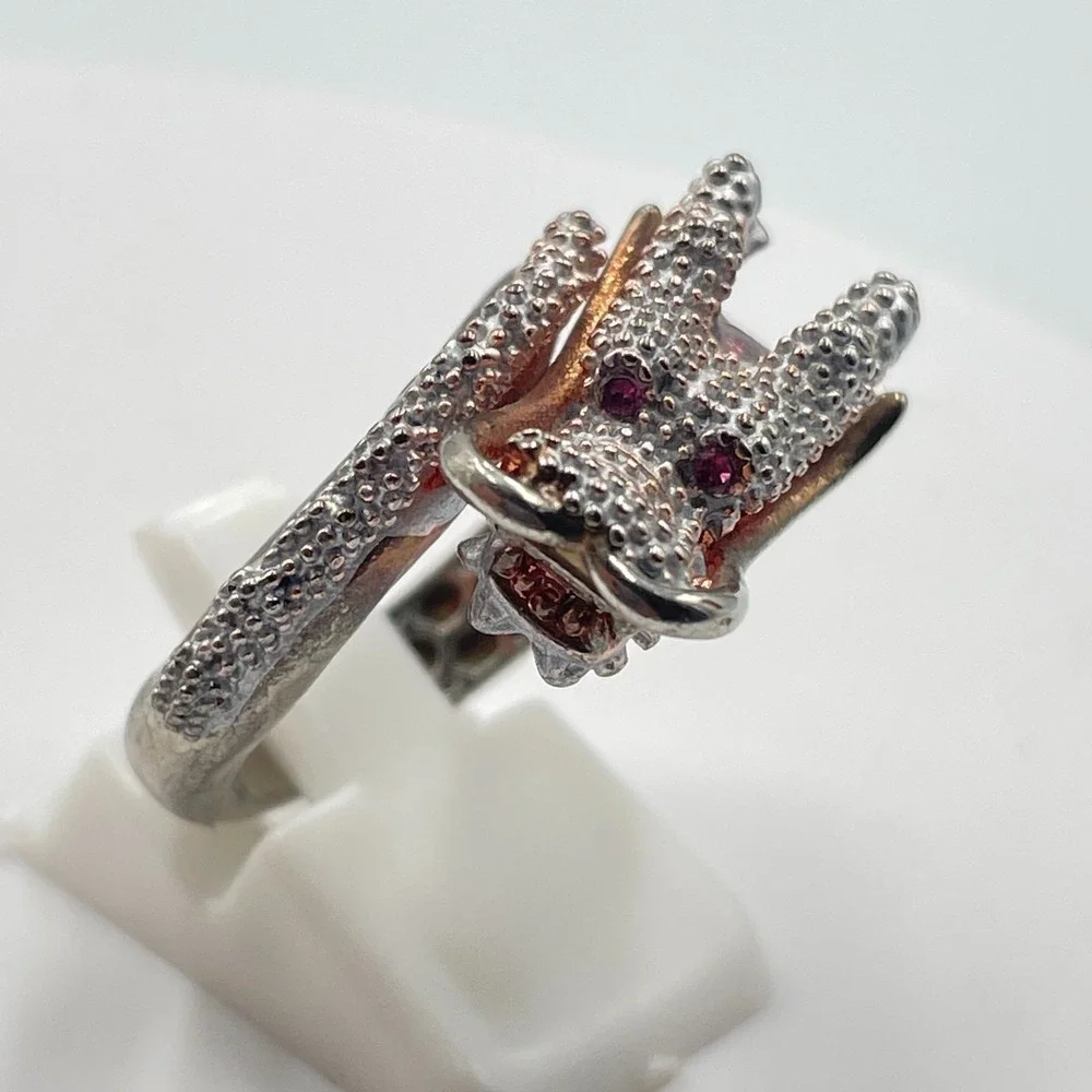 Vintage Silver Tone Textured Dragon Ring Purple Enamel Ruby Red Rhinestone Eyes